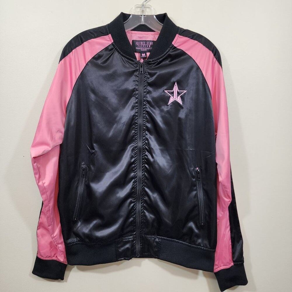 Jeffree Star cosmetics black satin bomber jacket with pink sleeves size medium